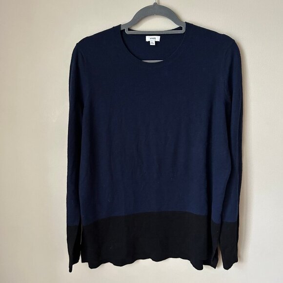 Vince Navy Blue Black Colorblock Long Sleeve Cashmere Blend Sweater Size Large - Picture 2 of 7